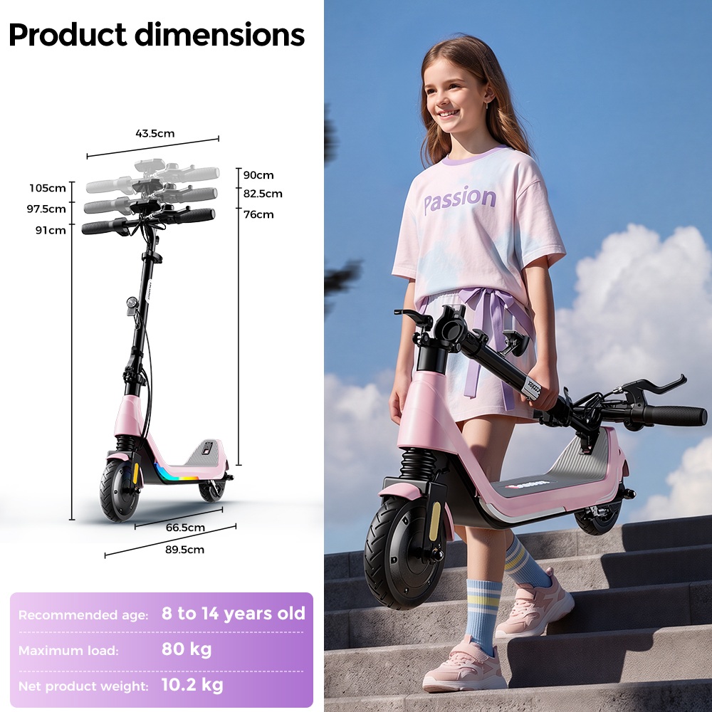 iScooter iK5LR Kids Electric Scooter, 300W Peak Motor, 36V 4.5Ah Battery, 19km Range, 25km/h Max Speed, 3 Speed Modes, Dual Brakes, Front Suspension, 7-Inch Solid Tires, APP Control, Bluetooth Music, RGB Lights - Pink