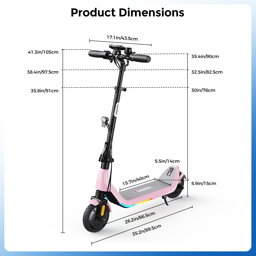iScooter iK5LR Kids Electric Scooter, 300W Peak Motor, 36V 4.5Ah Battery, 19km Range, 25km/h Max Speed, 3 Speed Modes, Dual Brakes, Front Suspension, 7-Inch Solid Tires, APP Control, Bluetooth Music, RGB Lights - Pink