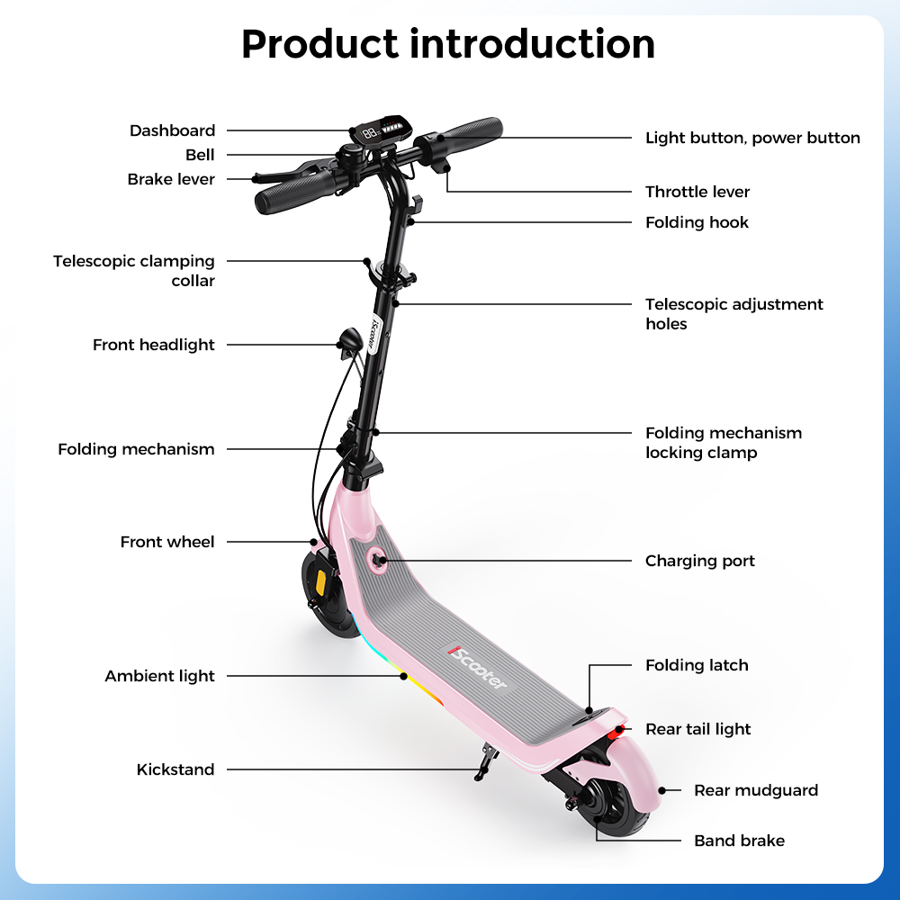 iScooter iK5LR Kids Electric Scooter, 300W Peak Motor, 36V 4.5Ah Battery, 19km Range, 25km/h Max Speed, 3 Speed Modes, Dual Brakes, Front Suspension, 7-Inch Solid Tires, APP Control, Bluetooth Music, RGB Lights - Pink