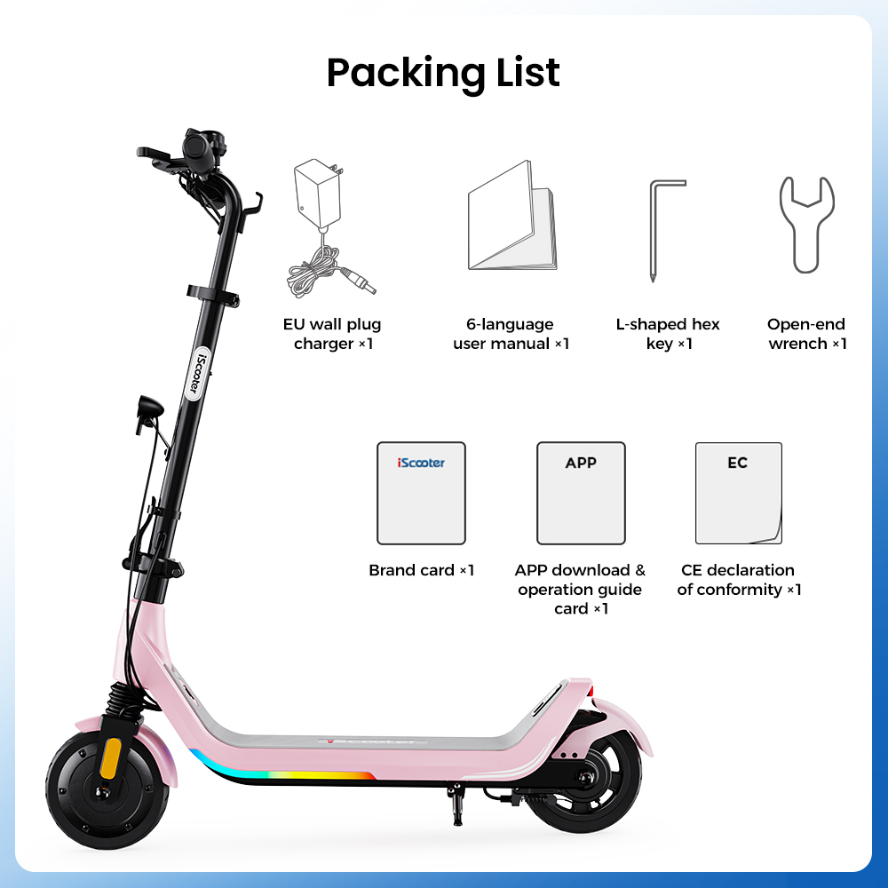 iScooter iK5LR Kids Electric Scooter, 300W Peak Motor, 36V 4.5Ah Battery, 19km Range, 25km/h Max Speed, 3 Speed Modes, Dual Brakes, Front Suspension, 7-Inch Solid Tires, APP Control, Bluetooth Music, RGB Lights - Pink