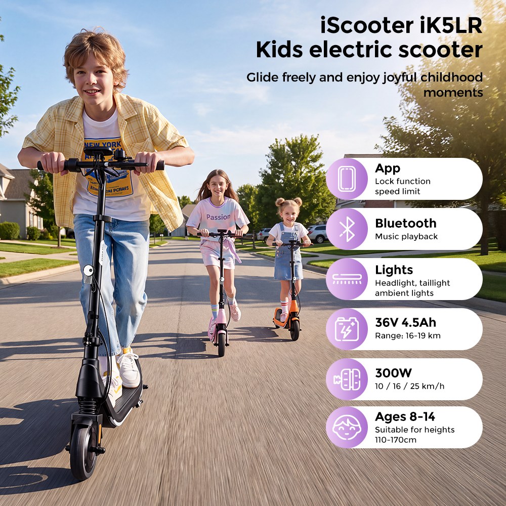 iScooter iK5LR Kids Electric Scooter, 300W Peak Motor, 36V 4.5Ah Battery, 19km Range, 25km/h Max Speed, 3 Speed Modes, Dual Brakes, Front Suspension, 7-Inch Solid Tires, APP Control, Bluetooth Music, RGB Lights - Pink