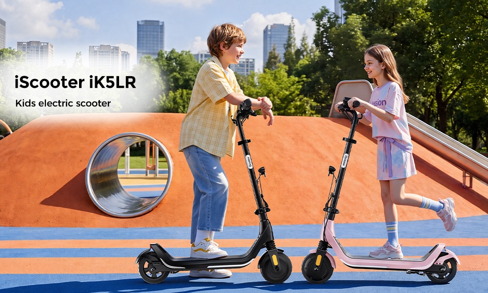 iScooter iK5LR Kids Electric Scooter, 300W Peak Motor, 36V 4.5Ah Battery, 19km Range, 25km/h Max Speed, 3 Speed Modes, Dual Brakes, Front Suspension, 7-Inch Solid Tires, APP Control, Bluetooth Music, RGB Lights - Pink