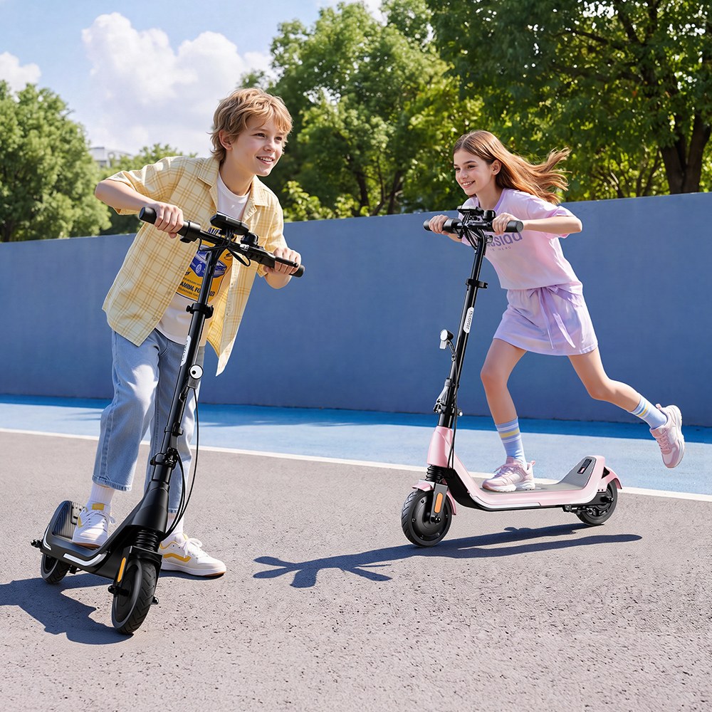 iScooter iK5LR Kids Electric Scooter, 300W Peak Motor, 36V 4.5Ah Battery, 19km Range, 25km/h Max Speed, 3 Speed Modes, Dual Brakes, Front Suspension, 7-Inch Solid Tires, APP Control, Bluetooth Music, RGB Lights - Pink