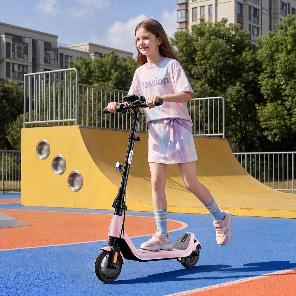 iScooter iK5LR Kids Electric Scooter, 300W Peak Motor, 36V 4.5Ah Battery, 19km Range, 25km/h Max Speed, 3 Speed Modes, Dual Brakes, Front Suspension, 7-Inch Solid Tires, APP Control, Bluetooth Music, RGB Lights - Pink