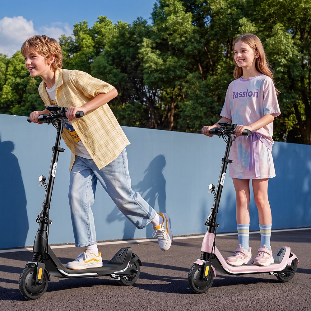 iScooter iK5LR Kids Electric Scooter, 300W Peak Motor, 36V 4.5Ah Battery, 19km Range, 25km/h Max Speed, 3 Speed Modes, Dual Brakes, Front Suspension, 7-Inch Solid Tires, APP Control, Bluetooth Music, RGB Lights - Pink