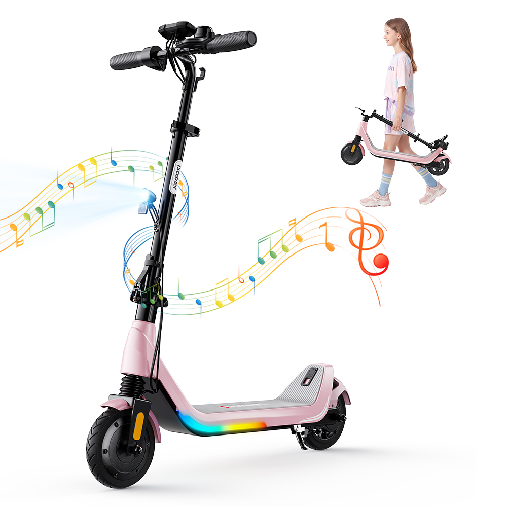 iScooter iK5LR Kids Electric Scooter, 300W Peak Motor, 36V 4.5Ah Battery, 19km Range, 25km/h Max Speed, 3 Speed Modes, Dual Brakes, Front Suspension, 7-Inch Solid Tires, APP Control, Bluetooth Music, RGB Lights - Pink