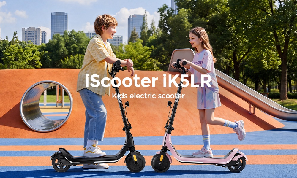 iScooter iK5LR Kids Electric Scooter, 300W Peak Motor, 36V 4.5Ah Battery, 19km Range, 25km/h Max Speed, 3 Speed Modes, Dual Brakes, Front Suspension, 7-Inch Solid Tires, APP Control, Bluetooth Music, RGB Lights - Pink