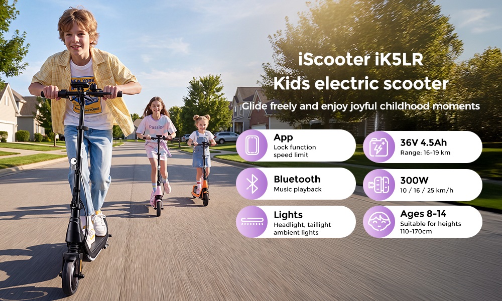 iScooter iK5LR Kids Electric Scooter, 300W Peak Motor, 36V 4.5Ah Battery, 19km Range, 25km/h Max Speed, 3 Speed Modes, Dual Brakes, Front Suspension, 7-Inch Solid Tires, APP Control, Bluetooth Music, RGB Lights - Pink