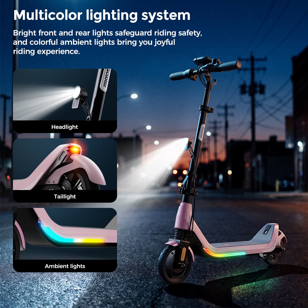 iScooter iK5LR Kids Electric Scooter, 300W Peak Motor, 36V 4.5Ah Battery, 19km Range, 25km/h Max Speed, 3 Speed Modes, Dual Brakes, Front Suspension, 7-Inch Solid Tires, APP Control, Bluetooth Music, RGB Lights - Pink