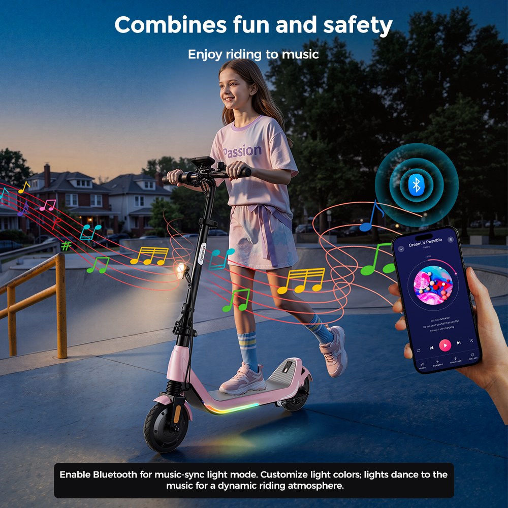 iScooter iK5LR Kids Electric Scooter, 300W Peak Motor, 36V 4.5Ah Battery, 19km Range, 25km/h Max Speed, 3 Speed Modes, Dual Brakes, Front Suspension, 7-Inch Solid Tires, APP Control, Bluetooth Music, RGB Lights - Pink