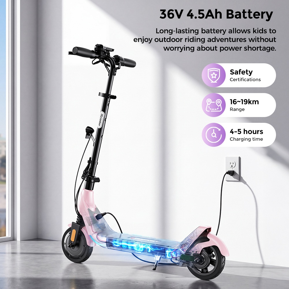 iScooter iK5LR Kids Electric Scooter, 300W Peak Motor, 36V 4.5Ah Battery, 19km Range, 25km/h Max Speed, 3 Speed Modes, Dual Brakes, Front Suspension, 7-Inch Solid Tires, APP Control, Bluetooth Music, RGB Lights - Pink