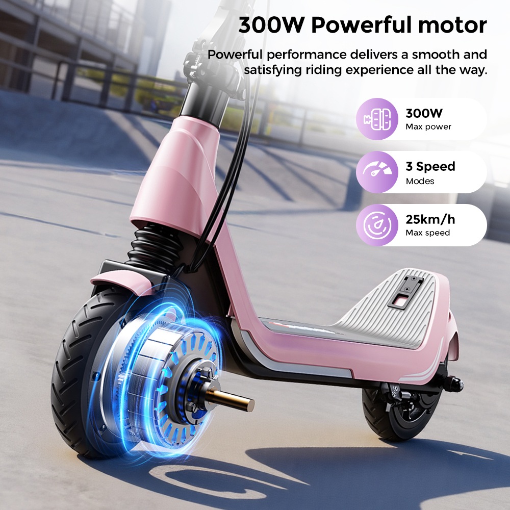 iScooter iK5LR Kids Electric Scooter, 300W Peak Motor, 36V 4.5Ah Battery, 19km Range, 25km/h Max Speed, 3 Speed Modes, Dual Brakes, Front Suspension, 7-Inch Solid Tires, APP Control, Bluetooth Music, RGB Lights - Pink