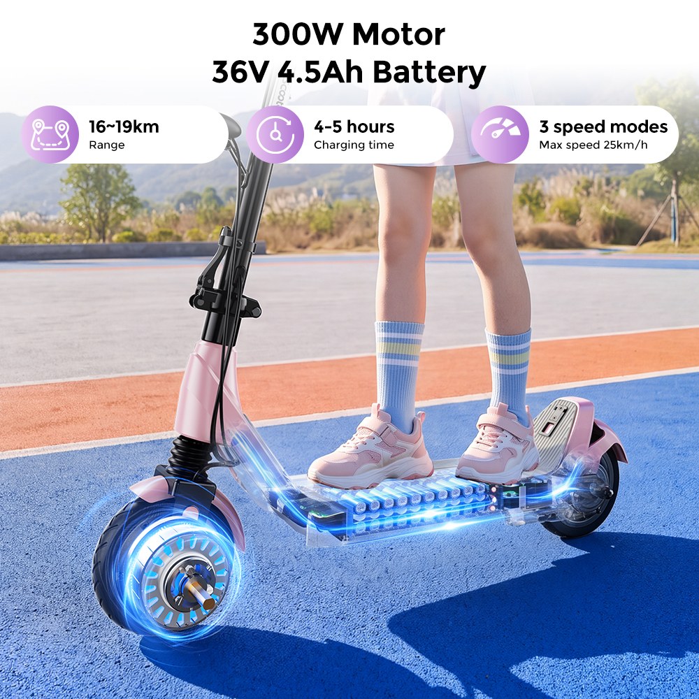 iScooter iK5LR Kids Electric Scooter, 300W Peak Motor, 36V 4.5Ah Battery, 19km Range, 25km/h Max Speed, 3 Speed Modes, Dual Brakes, Front Suspension, 7-Inch Solid Tires, APP Control, Bluetooth Music, RGB Lights - Pink