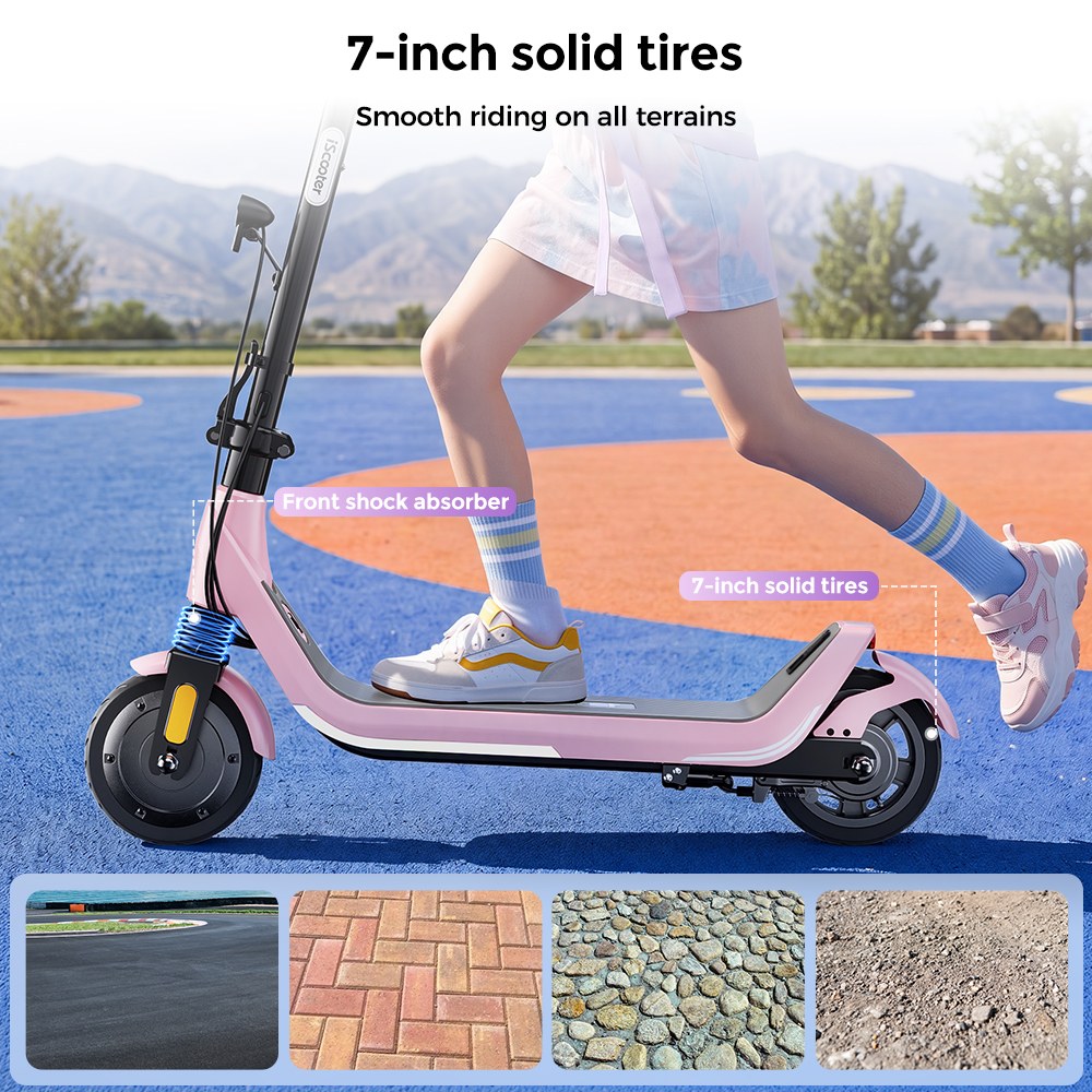 iScooter iK5LR Kids Electric Scooter, 300W Peak Motor, 36V 4.5Ah Battery, 19km Range, 25km/h Max Speed, 3 Speed Modes, Dual Brakes, Front Suspension, 7-Inch Solid Tires, APP Control, Bluetooth Music, RGB Lights - Pink