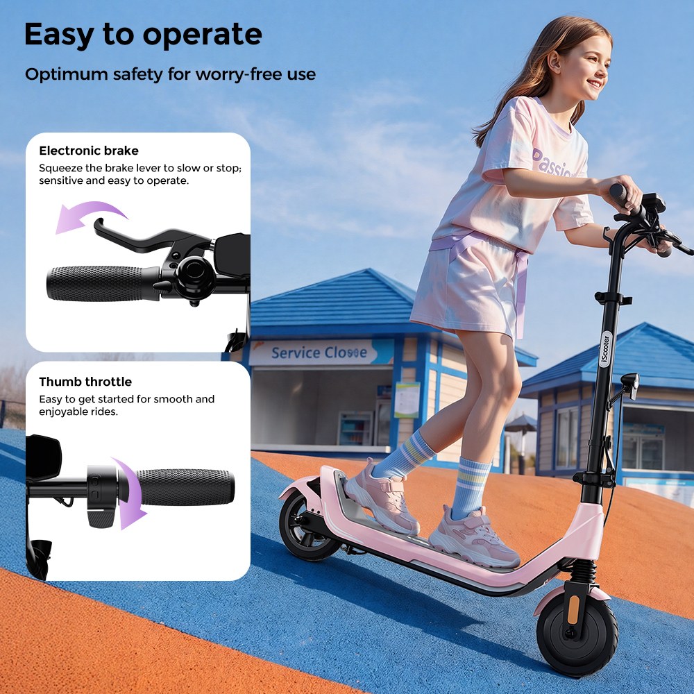 iScooter iK5LR Kids Electric Scooter, 300W Peak Motor, 36V 4.5Ah Battery, 19km Range, 25km/h Max Speed, 3 Speed Modes, Dual Brakes, Front Suspension, 7-Inch Solid Tires, APP Control, Bluetooth Music, RGB Lights - Pink