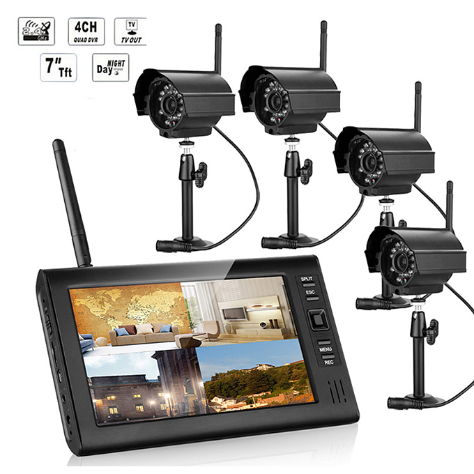 

SY602E14 Digital 2.4G 7 Inch Wireless Cameras Audio Video Monitors 4CH DVR Security System With 4 IR Night Light Cameras - Black