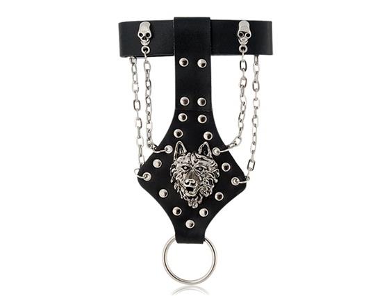 

Punk Wolf Leather Bracelet Cuff Chain With Ring - Black