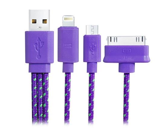 

1 m 1 to 3 Knit Charging Data Cable for iPhone 5S/5/5C/4S/4/iPad/Samsung - Purple
