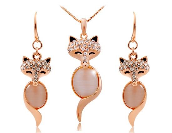 

Rigant 18K RGP Alloy Crystal Opal Decoration Fox Pendant Necklace Earring Set - White