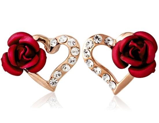 

Rigant 18K RGP Crystal Rose Accented Heart Stud Earrings - Red