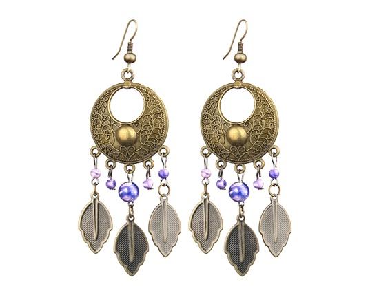 

Bohemian Ethnic Style Leaves Earrings Vintage Pendant Women Jewelry Hook Earrings - Purple