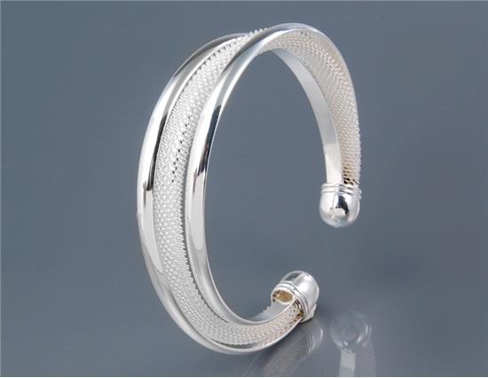 

925 Silver Plated Cupronickel Alloy Tri-Layer Cuff Bracelet - Silver