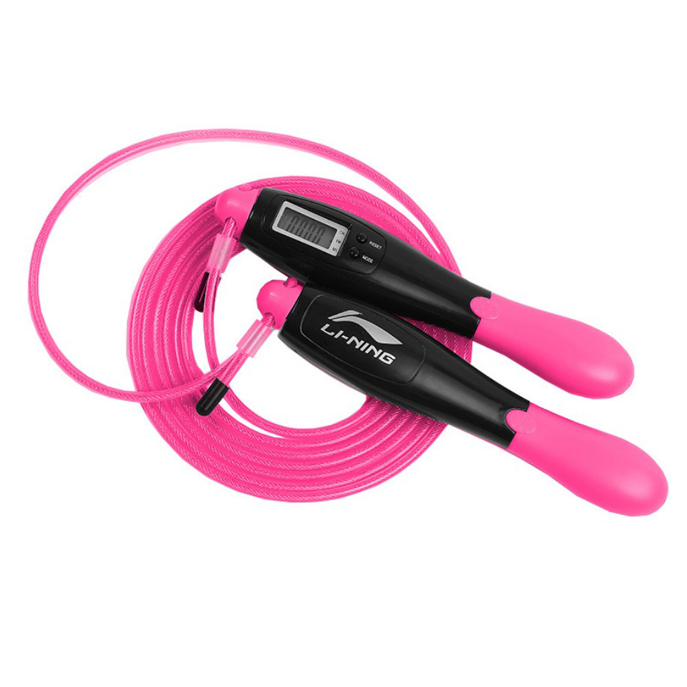 

LI-NING Counting Electronic Skipping Rope 2.8m Length Adjustable HD Display Durable Wire Rope Double Button ABS Anti-slip Handle Four Modes - Pink