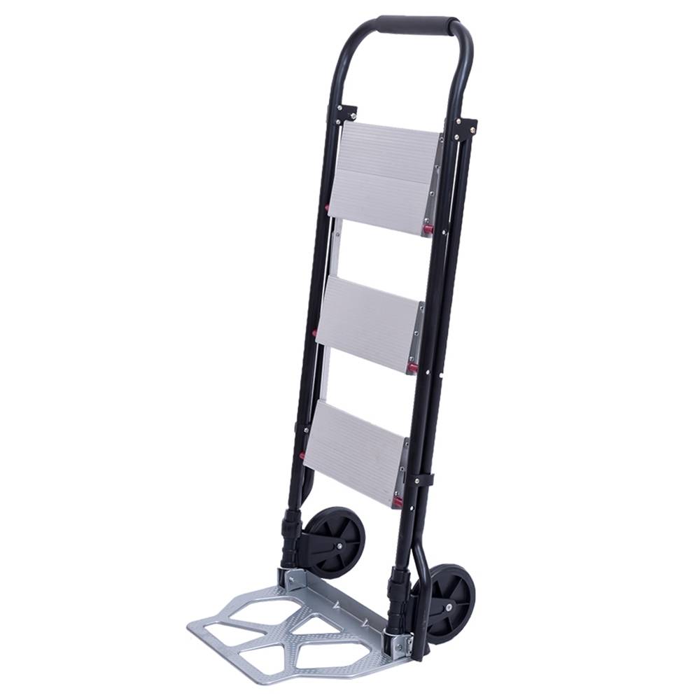 

2321F Folding Trolley Cart With Rolling Wheels Lightweight Convenient 2-in-1 3 Step Ladder - Black