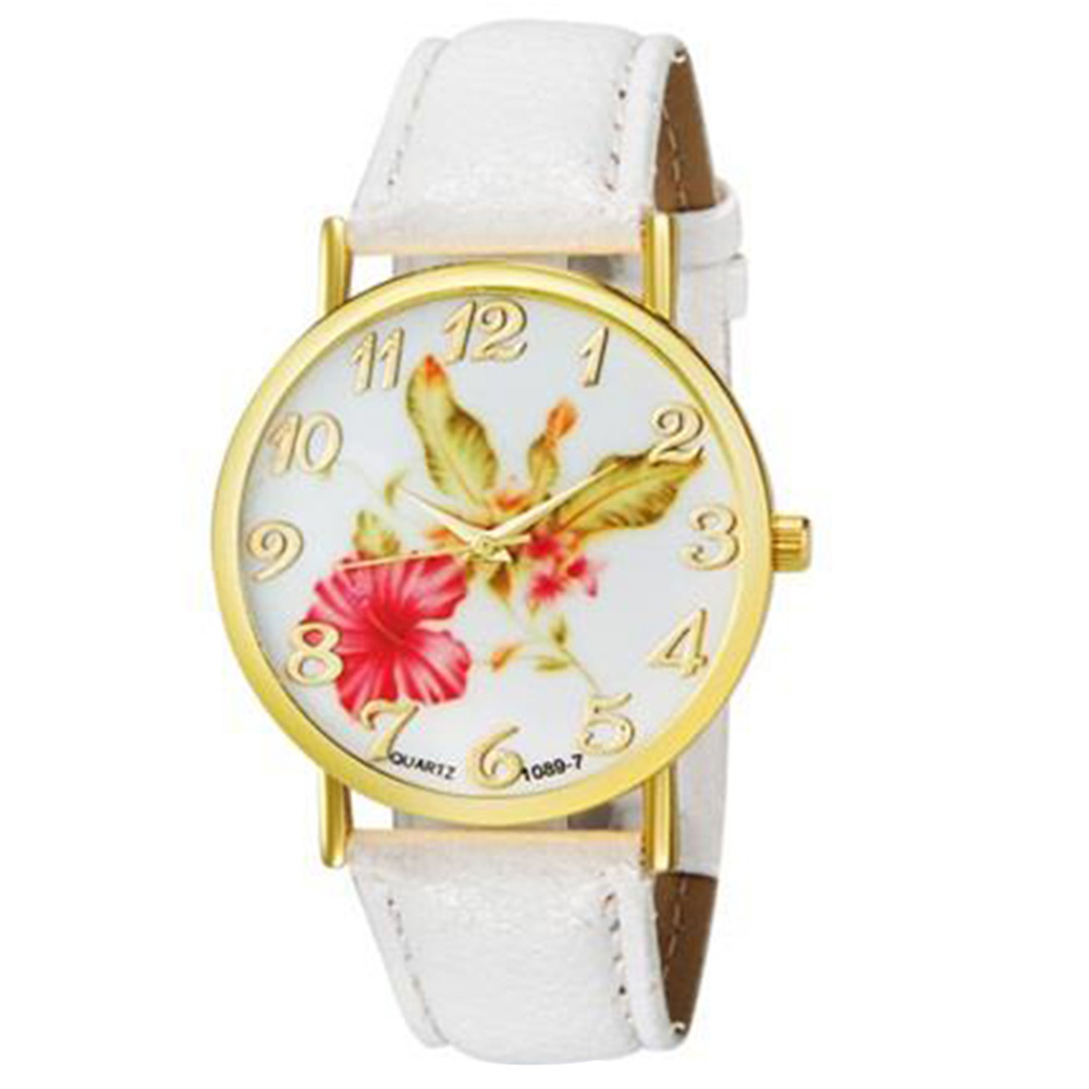 

WoMaGe 1089-7 Fashionable Women's Analog Quartz Wrist Watch with Flower Pattern & Faux Leather Band - White