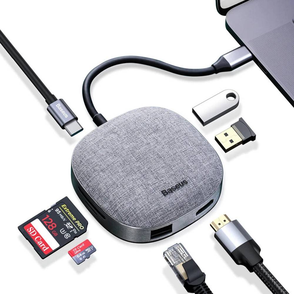 

Baseus 7 In 1 Multifunction HUB Adapter With 2 x USB 3.0 / Type-C / 4K Output / RJ45 Internet Port / Memory Card Readers For MacBook Air / MacBook Pro / MacBook 12 / HUAWEI MateBook / iPad Pro / Samsung Galaxy Tab - Dark Grey