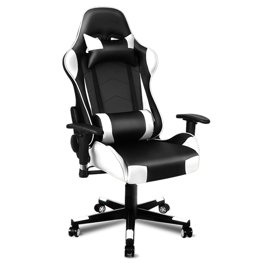 

ALFORDSON Rotatable Height Adjustable PU Leather Chair Full Metal Frame High Resilience Foam Filling Universal Wheel 180 Degrees Backward For Gaming Office - Black + White