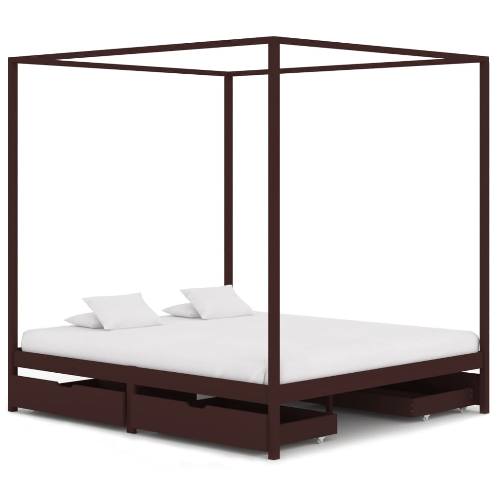 Canopy Bed Frame with 4 Drawers Dark Brown Pine Wood 160x200 cm