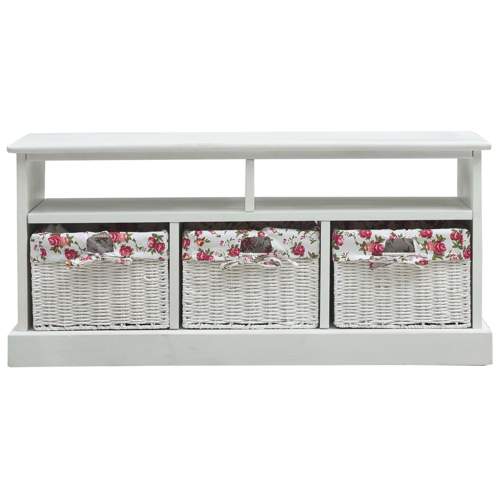 Hall Bench with 3 Baskets White Wood