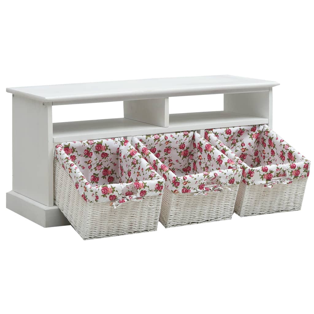 Hall Bench with 3 Baskets White Wood