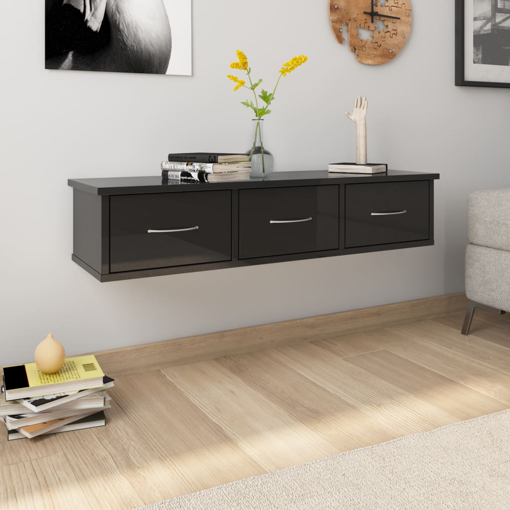 Wall Drawer Shelf High Gloss Black 88x26x18.5 cm Chipboard