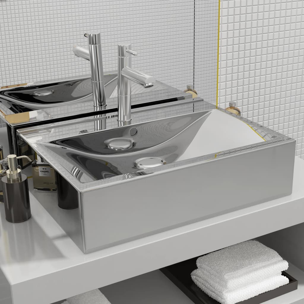 Wash Basin with Overflow 60x46x16 cm Ceramic Silver