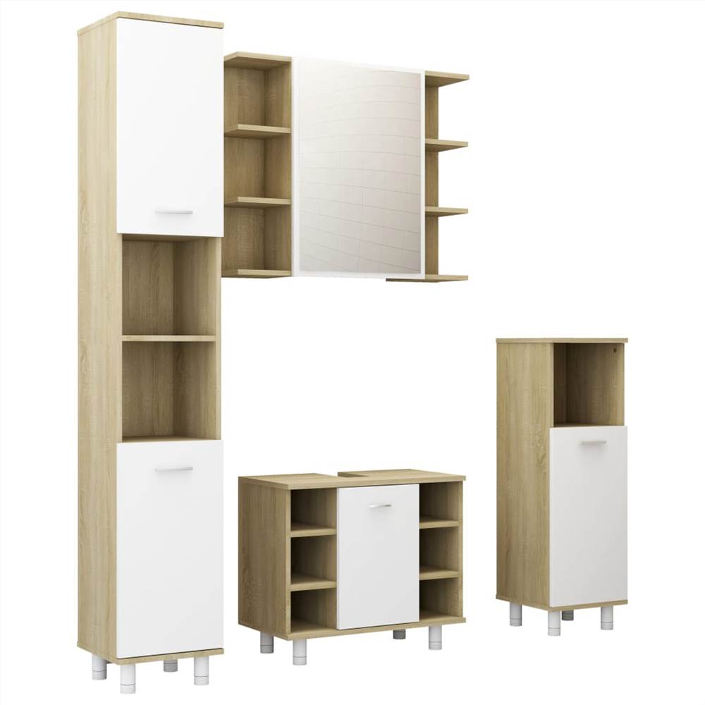 4 Piece Bathroom Furniture Set White and Sonoma Oak Chipboard