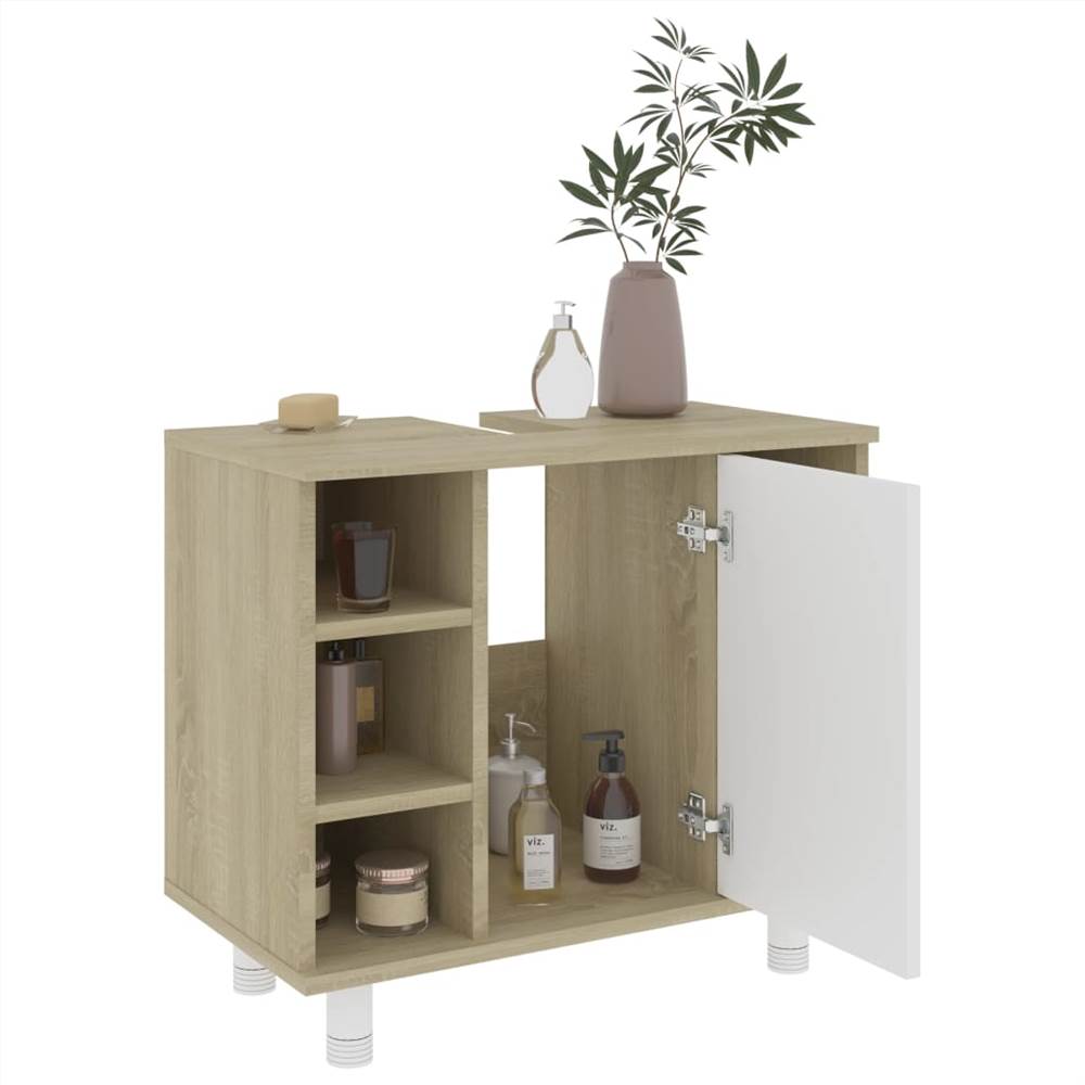 4 Piece Bathroom Furniture Set White and Sonoma Oak Chipboard