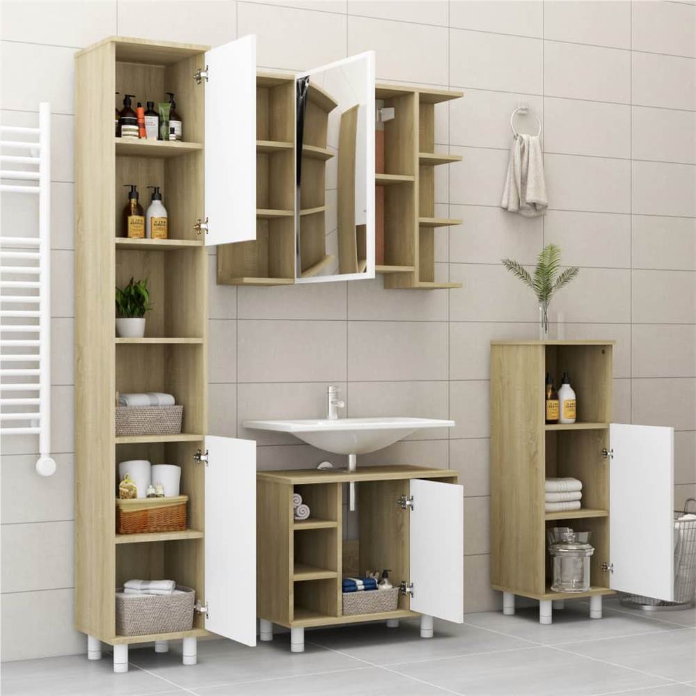 4 Piece Bathroom Furniture Set White and Sonoma Oak Chipboard