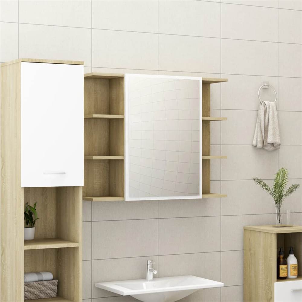 4 Piece Bathroom Furniture Set White and Sonoma Oak Chipboard