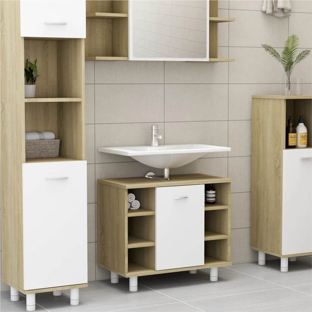 4 Piece Bathroom Furniture Set White and Sonoma Oak Chipboard