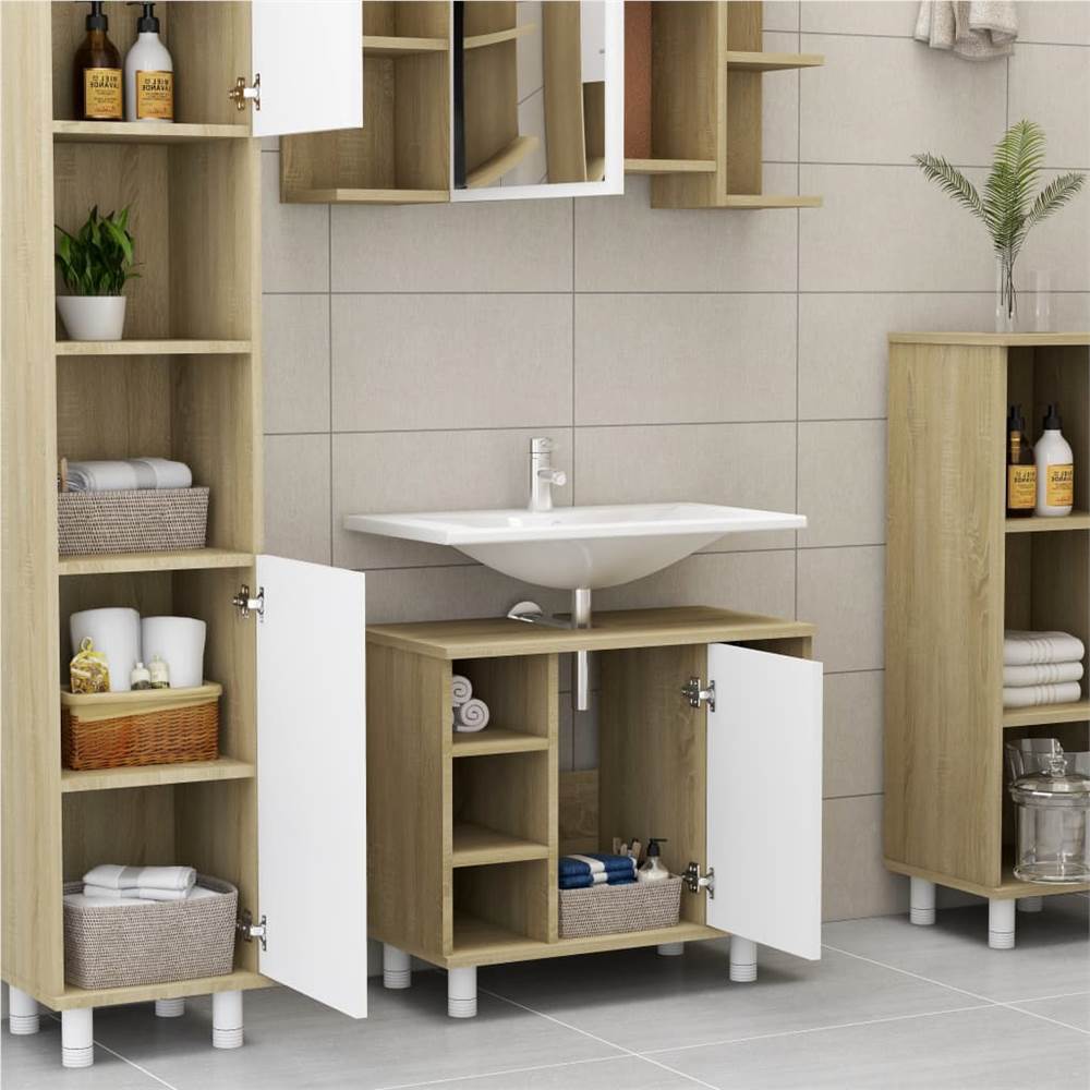 4 Piece Bathroom Furniture Set White and Sonoma Oak Chipboard