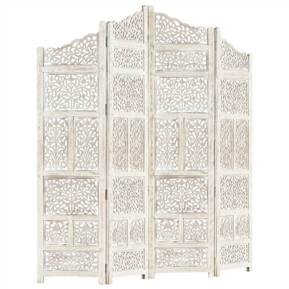 Hand carved 4-Panel Room Divider White 160x165 cm Solid Mango Wood