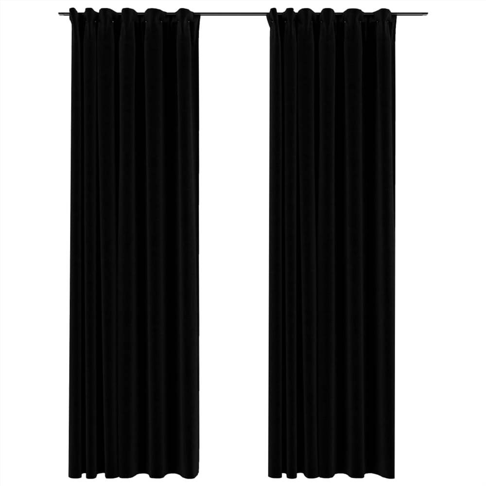 Linen-Look Blackout Curtains with Hooks 2 pcs Black 140x245 cm