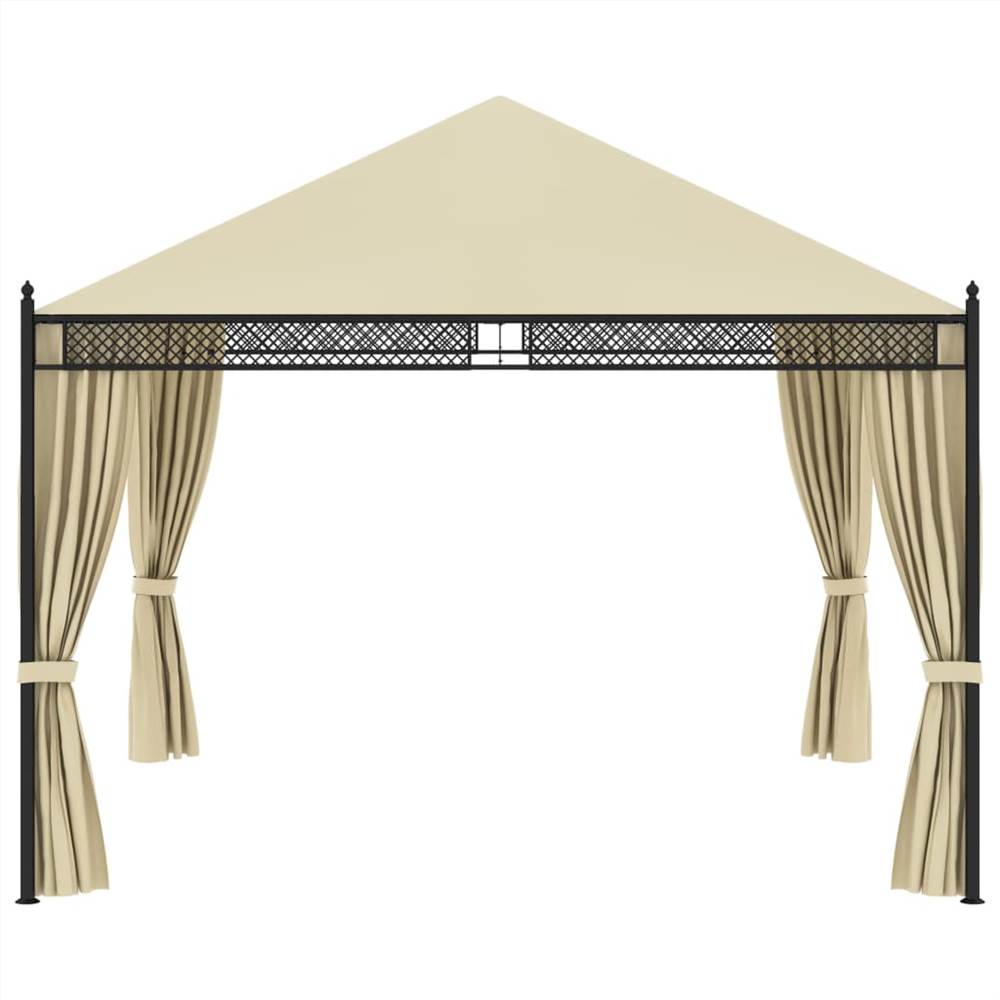 Gazebo with Curtains 3.5x3.5x3.1 m Cream Poly Rattan 140g/m²