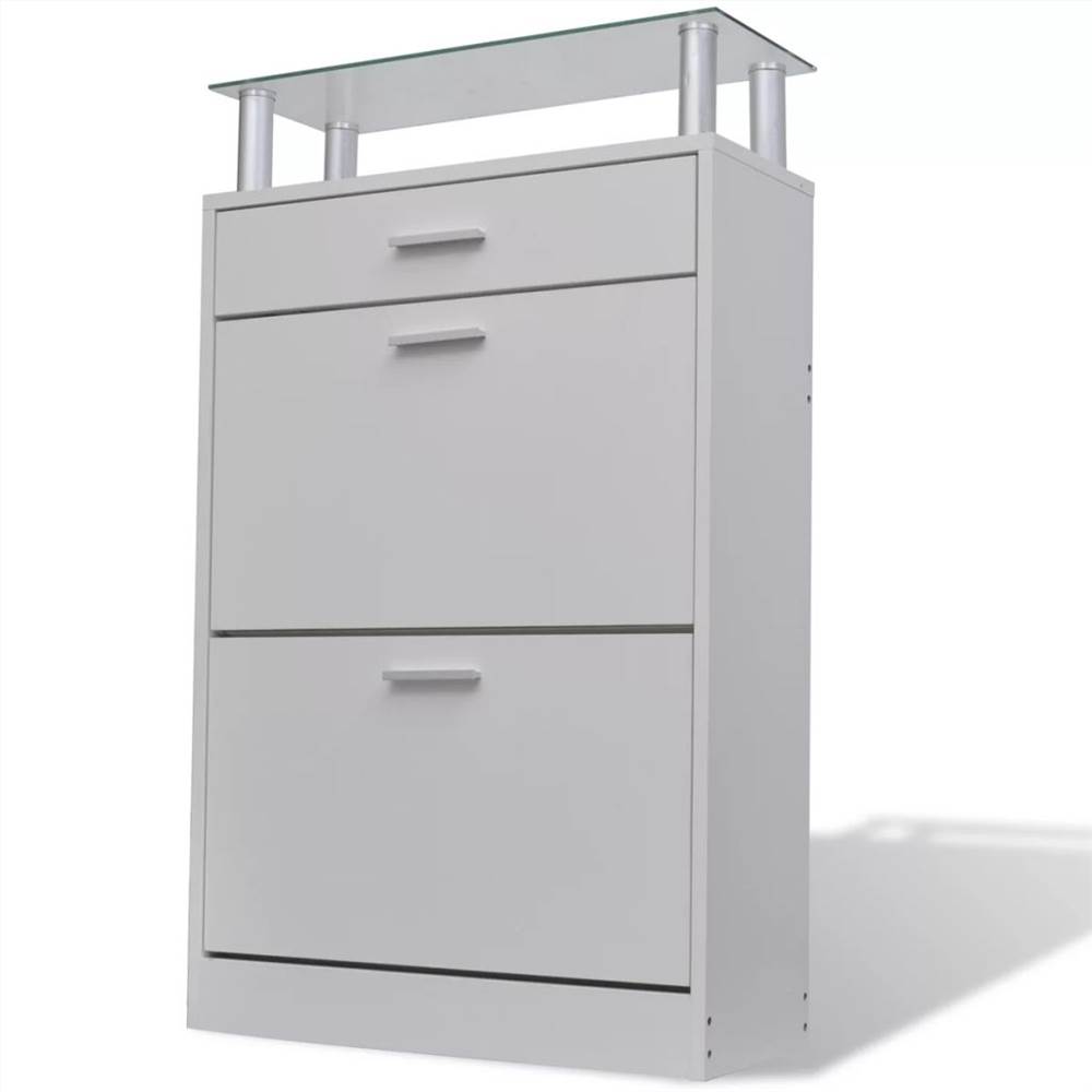 Shoe Cabinet with a Drawer and a Top Glass Shelf Wood White