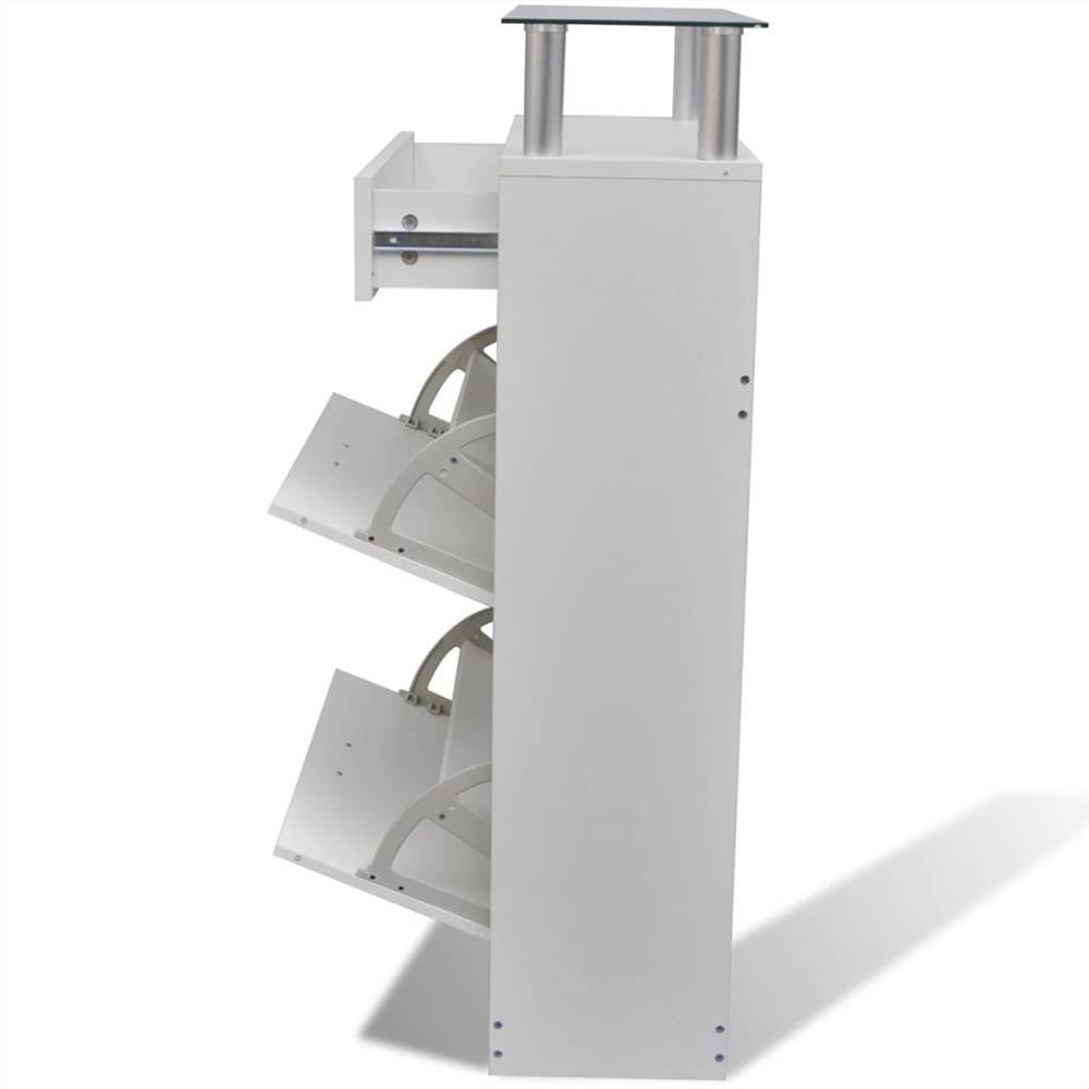 Shoe Cabinet with a Drawer and a Top Glass Shelf Wood White