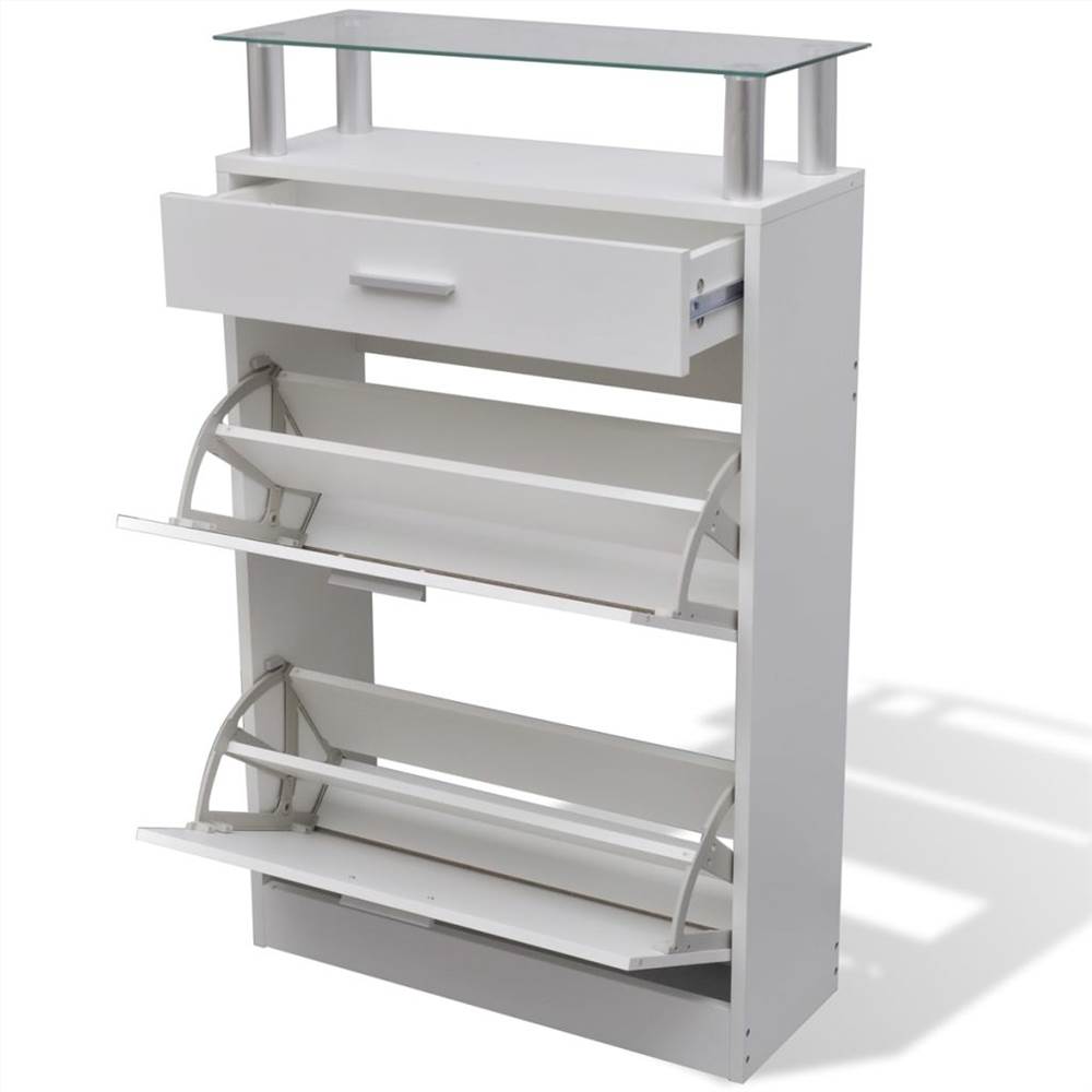 Shoe Cabinet with a Drawer and a Top Glass Shelf Wood White