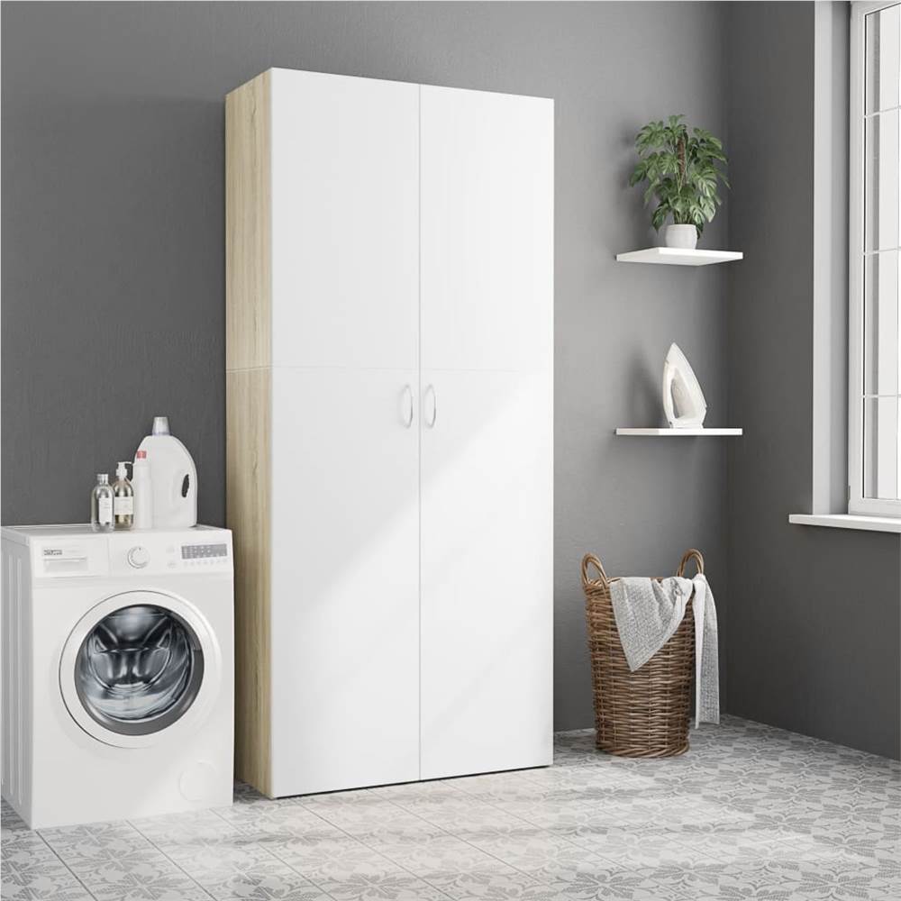 Storage Cabinet White and Sonoma Oak 80x35.5x180 cm Chipboard