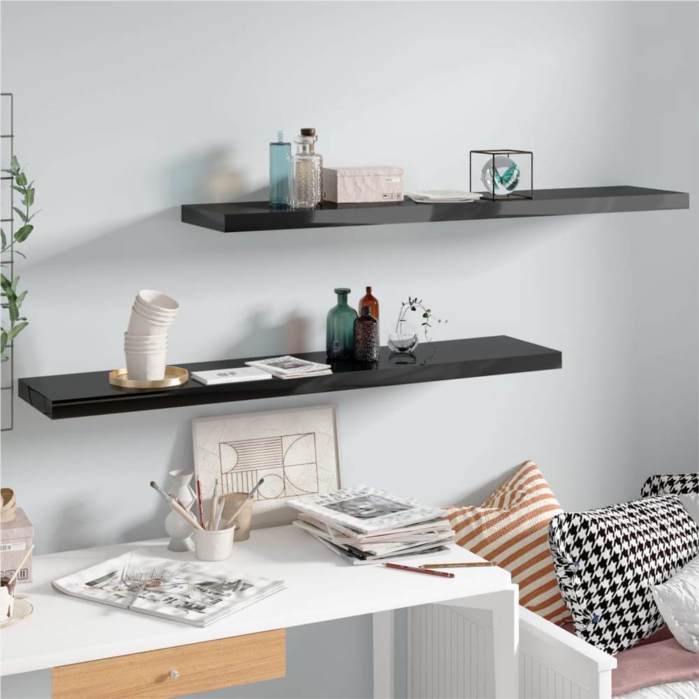 Floating Wall Shelves 2 pcs High Gloss Black 120x23.5x3.8 cm MDF